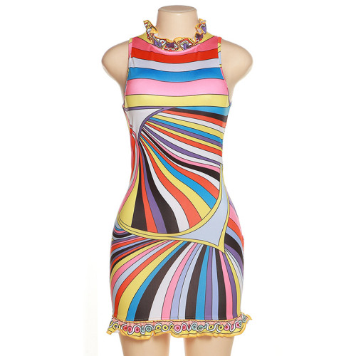 Women's fashion sweet rainbow print sleeveless slim one-piece lace skirt
