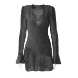 Women's fashion temperament U-neck sexy low chest flare sleeve ruffle dress