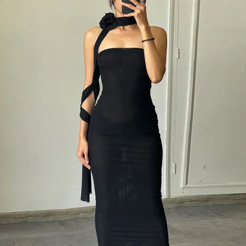 Rose ribbon strapless dress Slim fitting party party dress