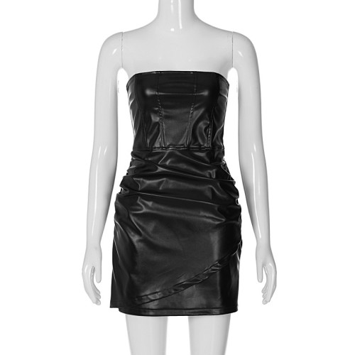 PU leather skirt fashionable temperament sexy strapless slim wrap hip dress