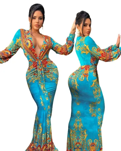 Women's positioning print V-neck bodice sexy slim dress long skirt