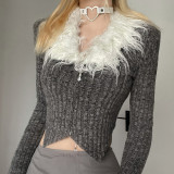 Fashionable fur stitching open navel zipper long sleeved T-shirt top