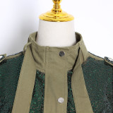 Fashion Symmetric Pocket Heavy Worksuit Body Sequins Hem Drawstring Long Sleeve Coat