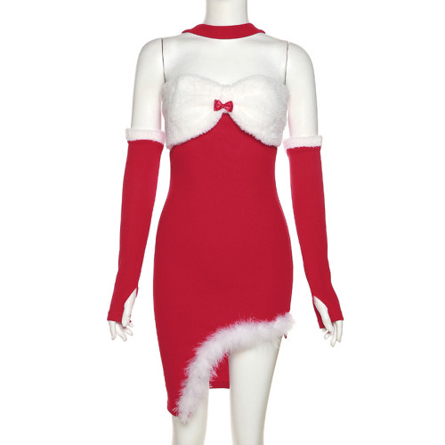 Solid Slim High Waist Fashion Off the Back Christmas Dress
