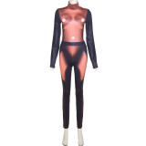 Fashion printed slim round neck top high waist leggings suit