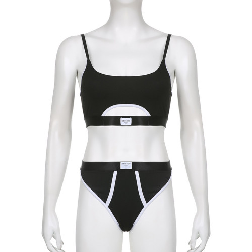 Contrast stitching letter cloth label personality split U-neck adjustable shoulder belt briefs bra two-piece set
