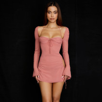 Long sleeved solid color with high waist square neck short skirt Wrapping chest style Commuter pink waist closing dress