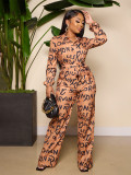 Single breasted lapel lettered banded waist jumpsuit