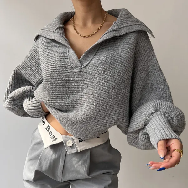 Casual Slouchy Lapel Loose Lantern Sleeve Short Sweater
