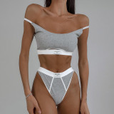 Contrast stitching letter cloth label personality split U-neck adjustable shoulder belt briefs bra two-piece set