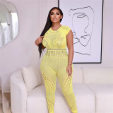 Short sleeve sexy perspective jacquard hollow solid color high waist tight casual jumpsuit