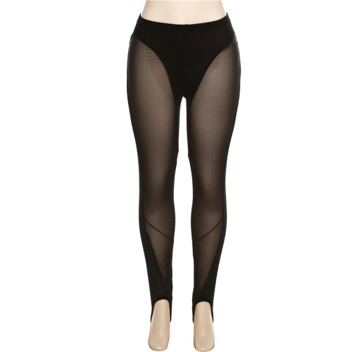 Sexy mesh perspective flocking high waist tight fitting leggings