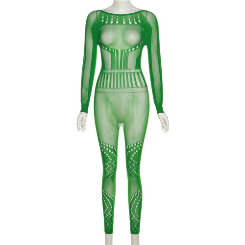 Long sleeve sexy mesh perspective hollow solid color high waist tight casual jumpsuit