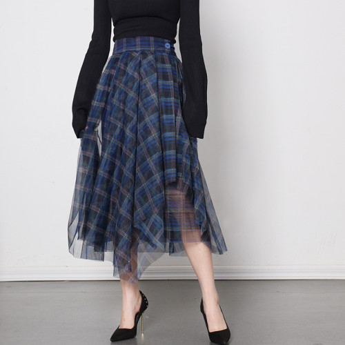 Fashionable High Waist Blue Plaid Mesh Skirt Multi layered Versatile A-line Skirt