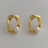Small design 14K gold twisted square metal freshwater pearl earrings s925 silver needle ear ornaments