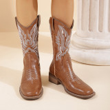 Thick Heel Western Cowboy Boots V-mouth Embroidery Sleeve Knight Boots Retro Medium Barrel Square Head Horse Boots