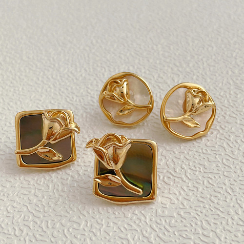Vintage geometric metal rose earrings s925 silver needle personalized ear jewelry