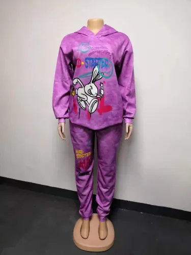 Women's loose hooded sweater two-piece set with location printing