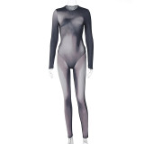 Fashion printed slim fitting long sleeve one-piece tights suit