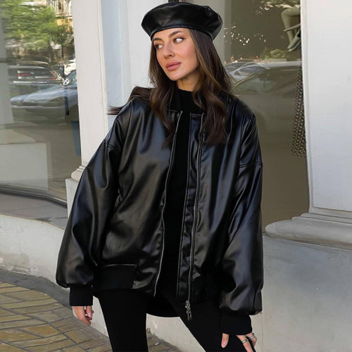 Fashion casual imitation leather cardigan zipper loose long sleeve coat