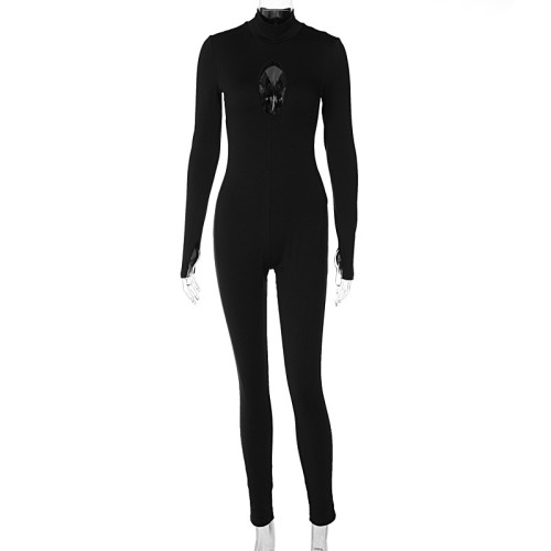 Fashionable sexy cut out zippered back long sleeve finger suit jumpsuit