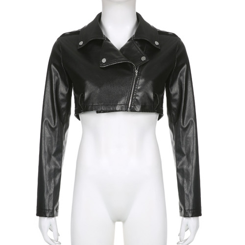 Women's lapel, solid zipper, super short street motorcycle style leather jacket