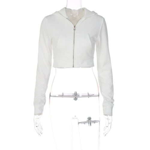 Fashionable cardigan zipper hooded slim short open navel long sleeve shirt