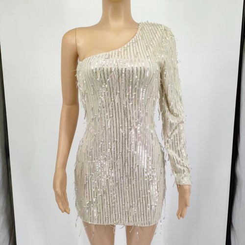 Fashionable sexy long sleeve one shoulder sequin fringed hip wrap dress