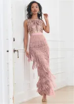 Sexy women's tassel patchwork backless dress dress deep V lace dress