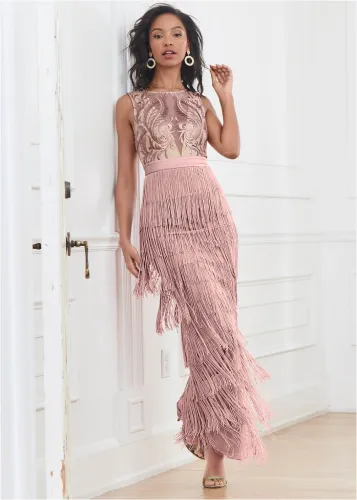 Sexy women's tassel patchwork backless dress dress deep V lace dress