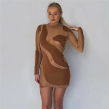 Women's fashion round neck long sleeve sexy perspective slim bag hip dress