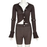 Women's fashion long sleeve single breasted design T-shirt striped shorts suit