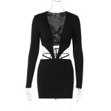Fashionable sexy cut out V-neck long sleeve hip wrap dress