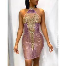 Women's sexy backless dress sequins tight skirt