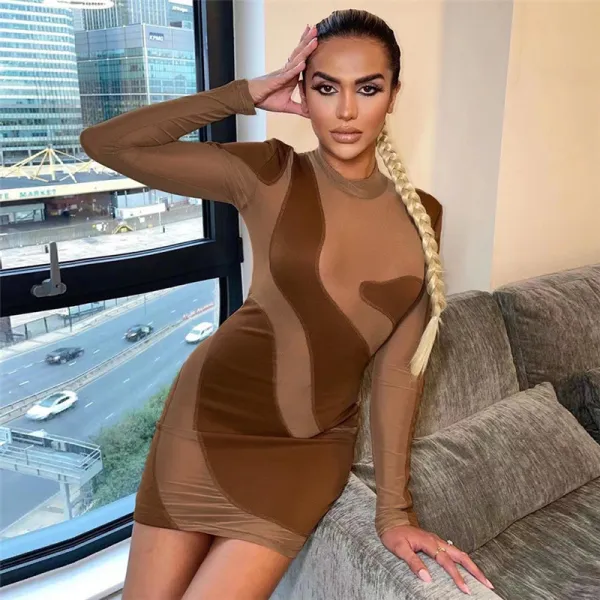 Women's fashion round neck long sleeve sexy perspective slim bag hip dress
