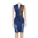 V-neck high elastic leopard print patchwork washable hole denim skirt