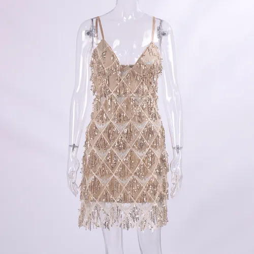 Sexy V-neck sequin tassel dress