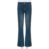 Low rise denim overalls Personalized webbing splicing, worn washed hip lifting, slim and slightly flared pants