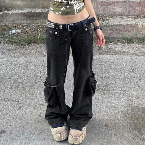 Street waste geotextile style multi pocket straight jeans Spice girl low waist slim casual trousers