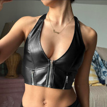 Sexy V-neck Fashion PU Leather Splice Zipper High Waist Neck Strap Tank Top