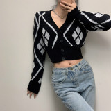 Rhombic color contrast breasted short sweater V-neck slim cardigan
