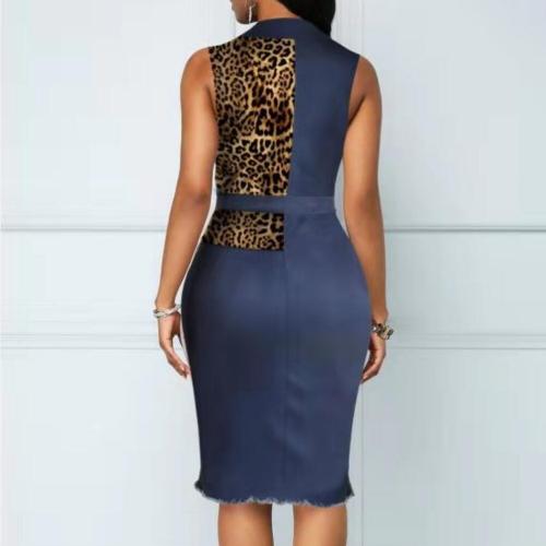 V-neck high elastic leopard print patchwork washable hole denim skirt