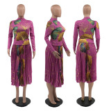 Fashion women's fashion printed pleated high waist skirt suit