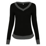 Sexy V-Neck Comfortable Long Sleeve Featured Color Contrast T-Shirt