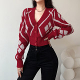 Rhombic color contrast breasted short sweater V-neck slim cardigan