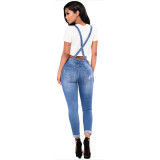 Women's tattered denim straps jeans small straight tube jumpsuit