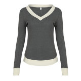 Sexy V-Neck Comfortable Long Sleeve Featured Color Contrast T-Shirt