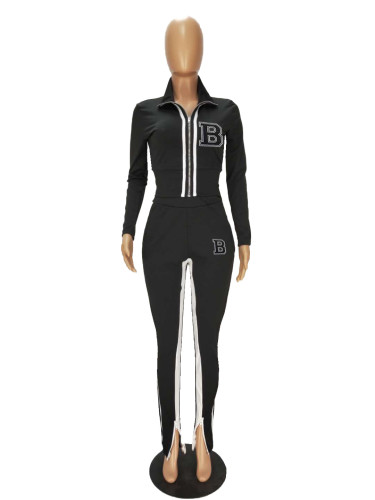 Women's zipper split color contrast sports casual suit