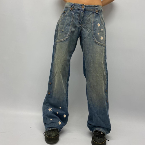 Big Pocket Star Print Small Popular Design Low rise Straight Jeans Street Spice Girl Slim Versatile Casual Pants