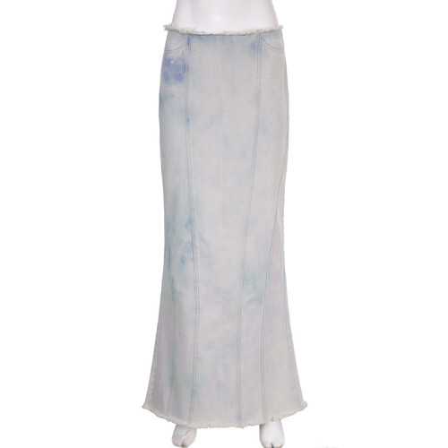 Gradient Color Irregular Sexy Split Raw Edge Mid length Dress Washed Basic Vintage Personality Denim Dress